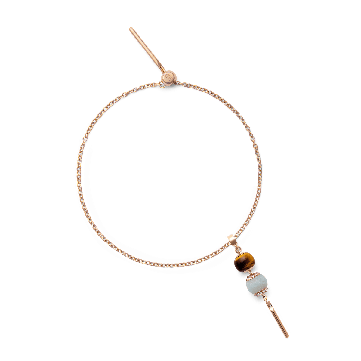 Rose gold charm extension chain bracelet with a polished finish, featuring a layered design and adorned with a blue bead and a brown gemstone charm for a refined, modern touch.