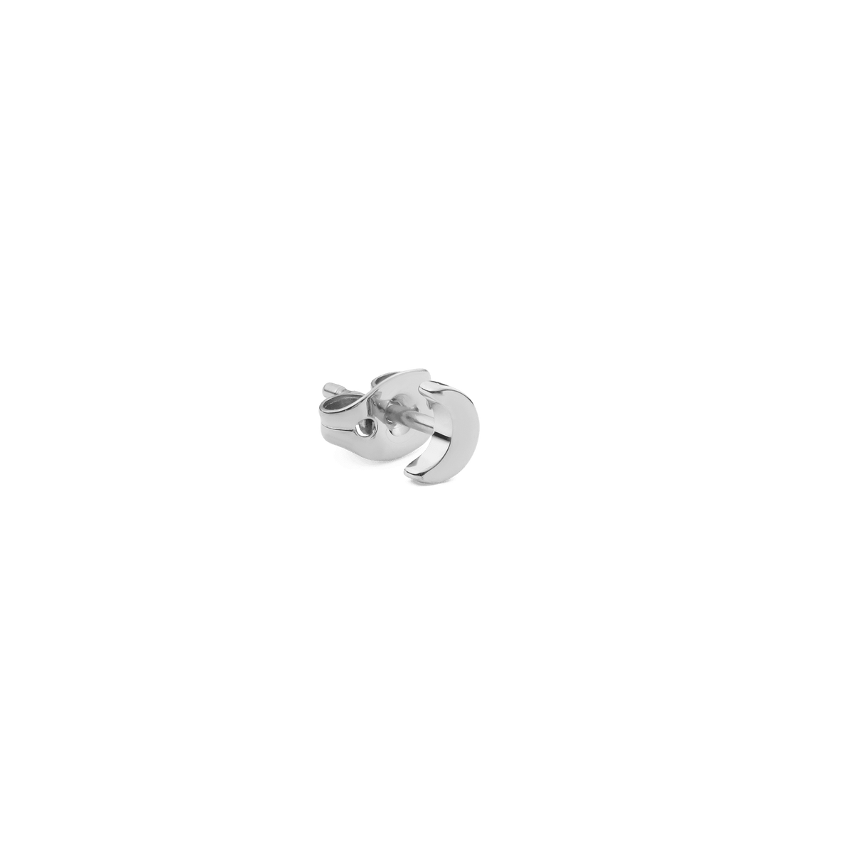 Moon Stud Silver earring in polished stainless steel, featuring a delicate crescent shape with a secure butterfly back.