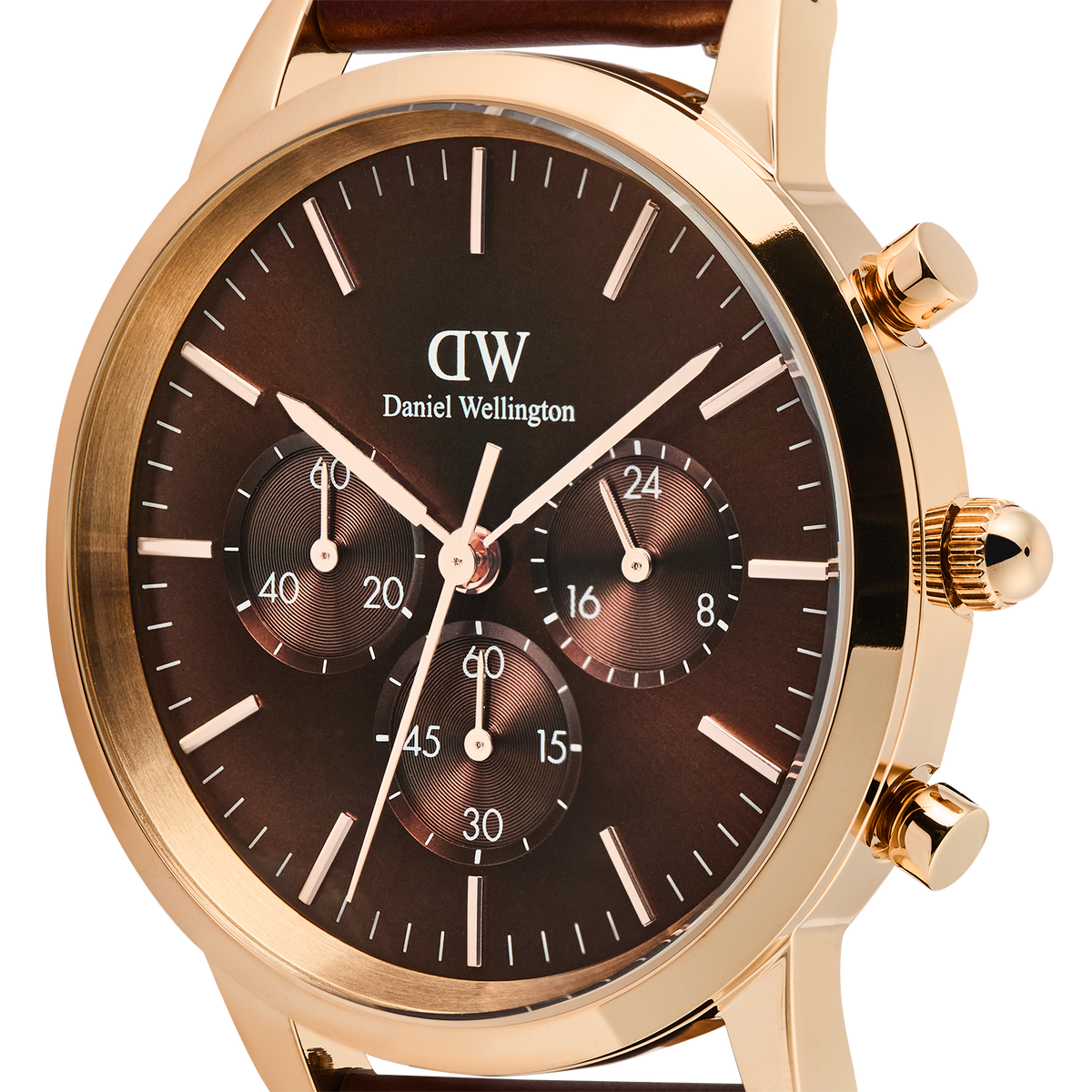 Close-up of the Iconic Chronograph St Mawes Amber RG watch, highlighting its rose gold case, amber sunray dial with three chronograph sub-dials, and minimalist hour markers.