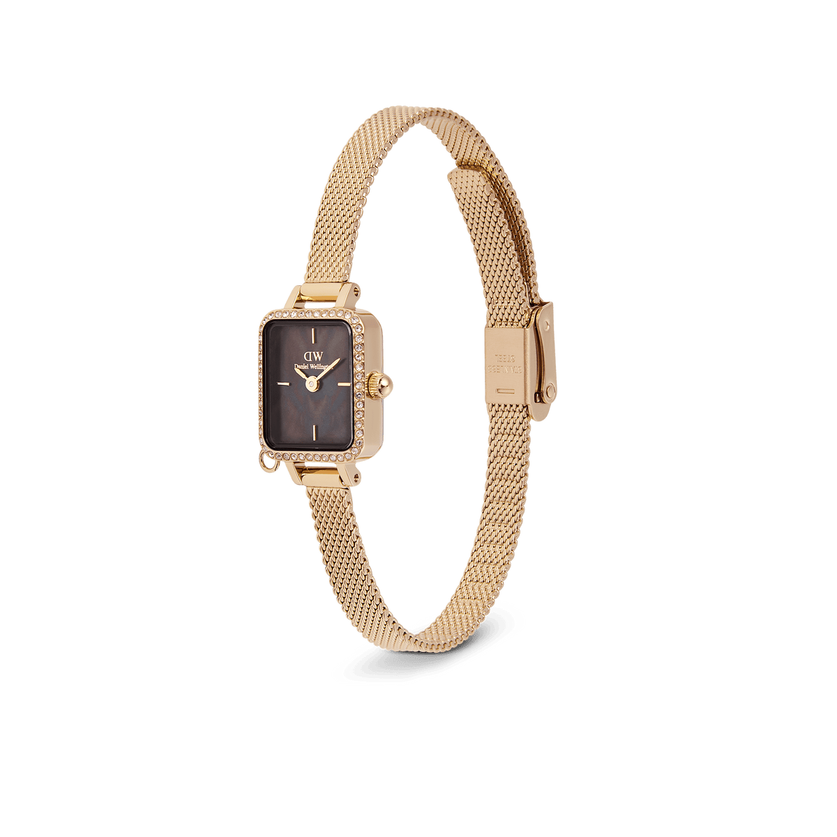 Quadro Mini Crystal Zodiac Evergold watch with rectangular black mother of pearl dial, gold mesh strap, and crystal bezel.