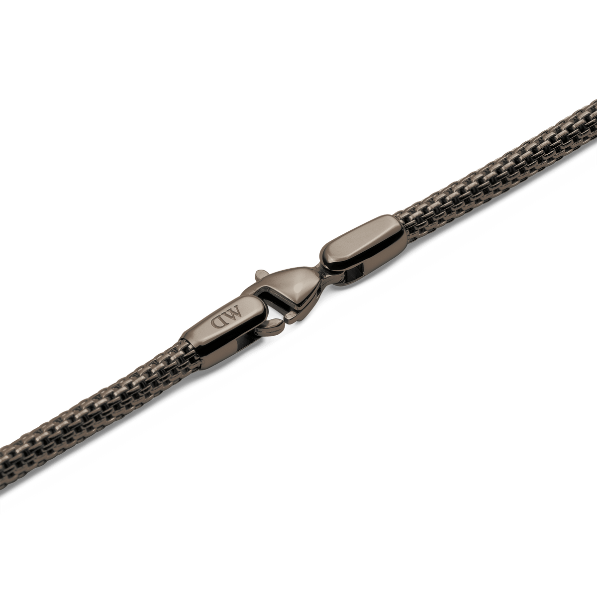 Detail of the Tide Mesh Necklace Graphite 2.8 showing the elegant graphite lobster clasp and fine stainless steel mesh chain with a subtle sheen.