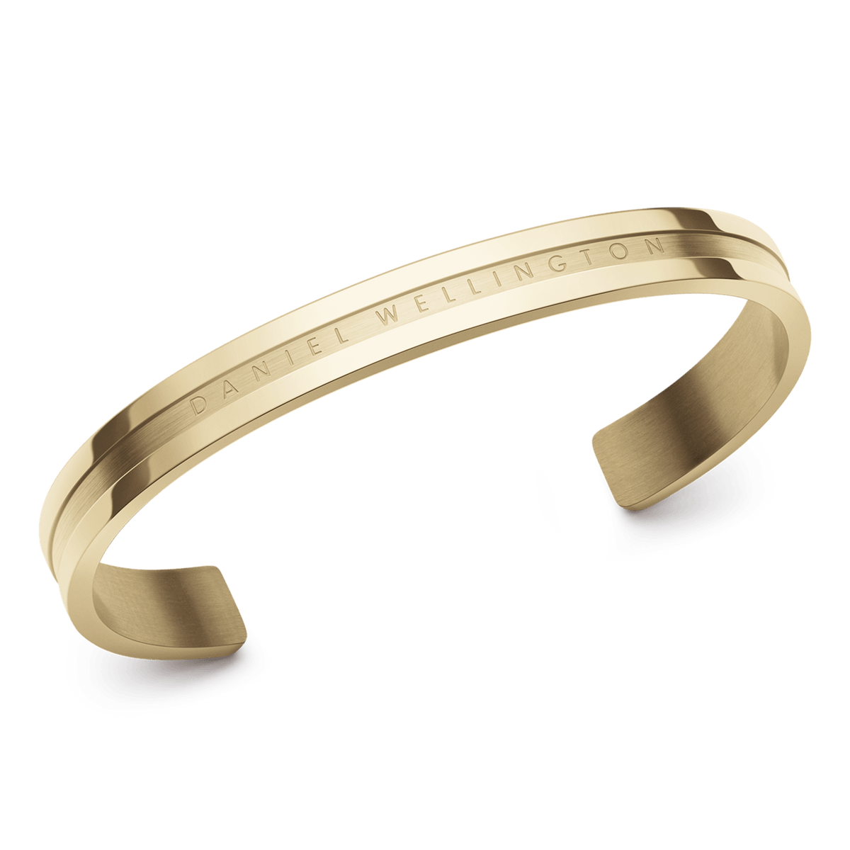 Daniel Wellington Elan Bracelet Gold shown from an angled view, highlighting its polished gold PVD finish, minimalist open cuff design, and engraved branding along the outer edge.