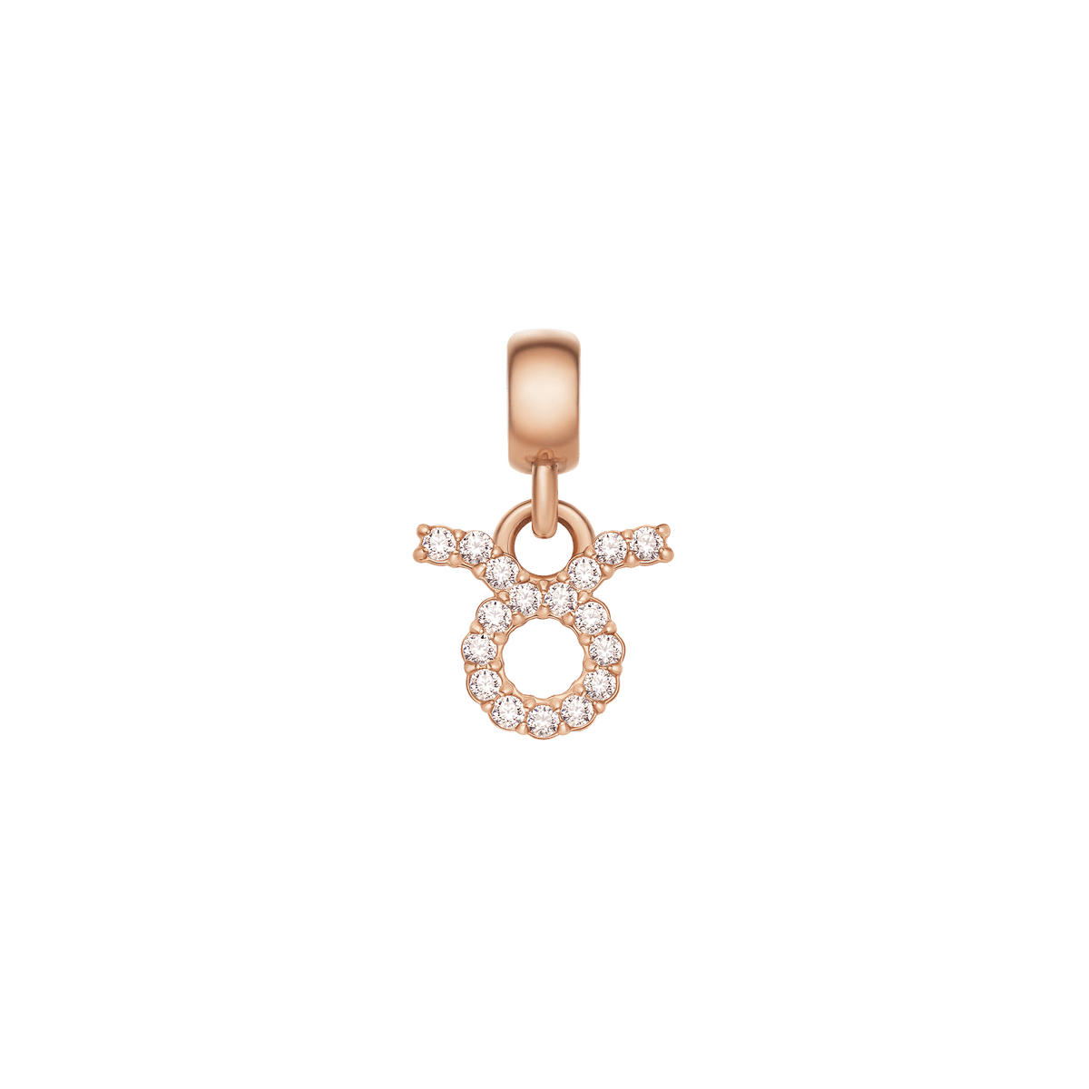 Taurus zodiac charm in rose gold stainless steel, featuring a circular symbol adorned with sparkling cubic zirconia crystals.