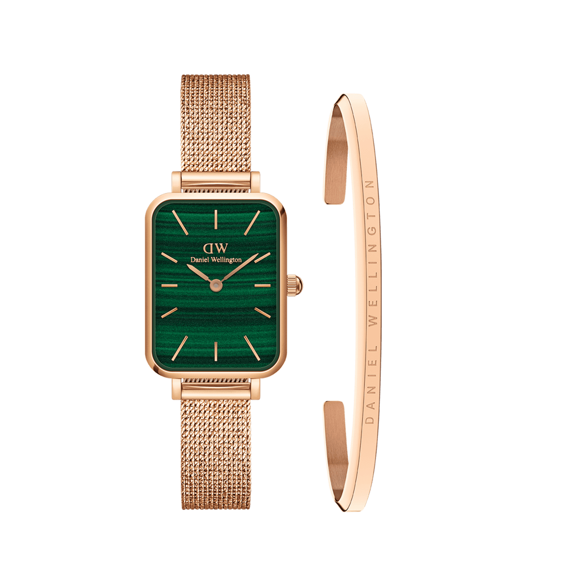 Rectangular green dial watch with a rose gold mesh strap, paired with a slim rose gold cuff bracelet engraved with the Daniel Wellington logo, both crafted in a refined, minimalist style.