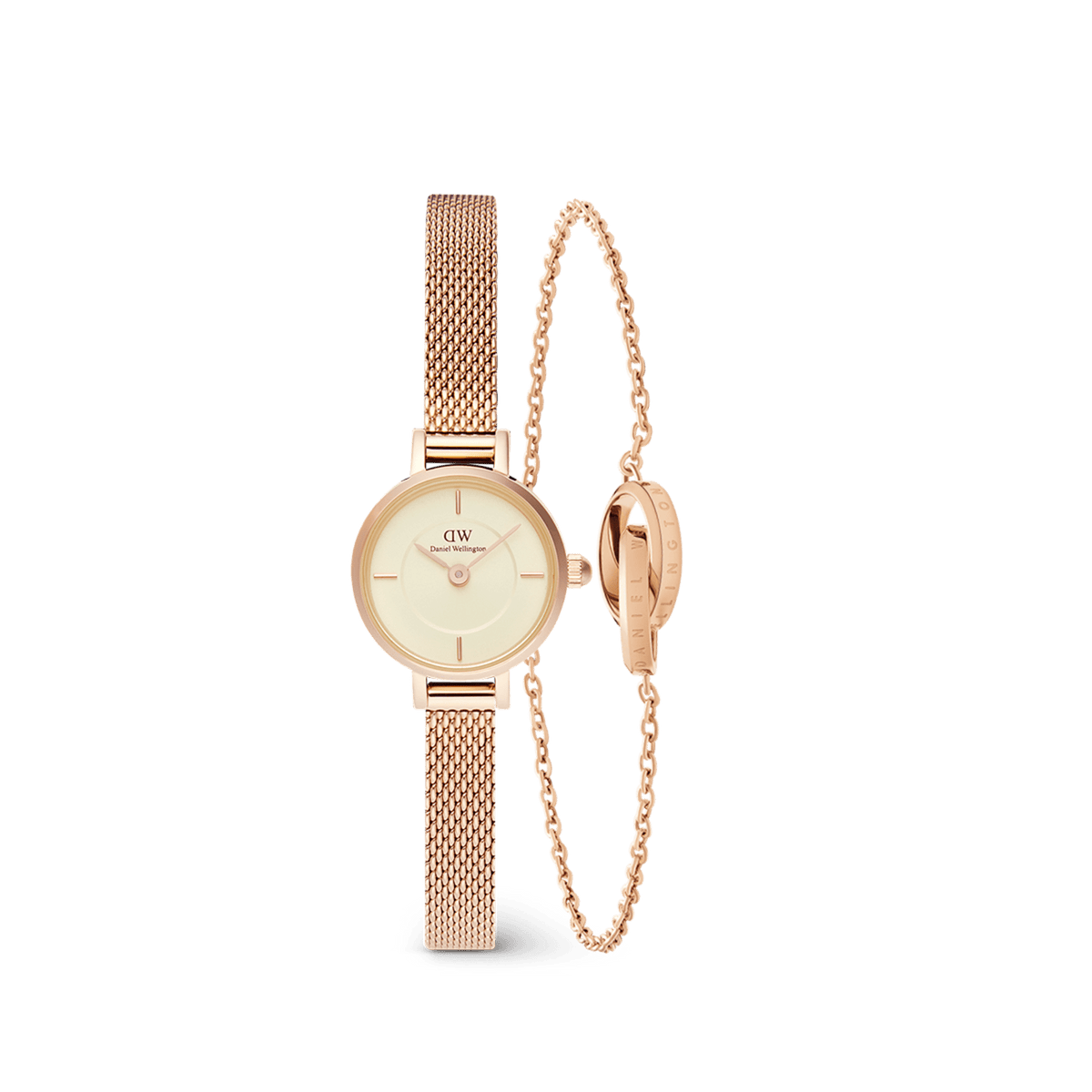 Petite rose gold watch with a mesh strap and a matching delicate Unity bracelet featuring an interlocking chain design, both crafted in a refined, minimalist style.