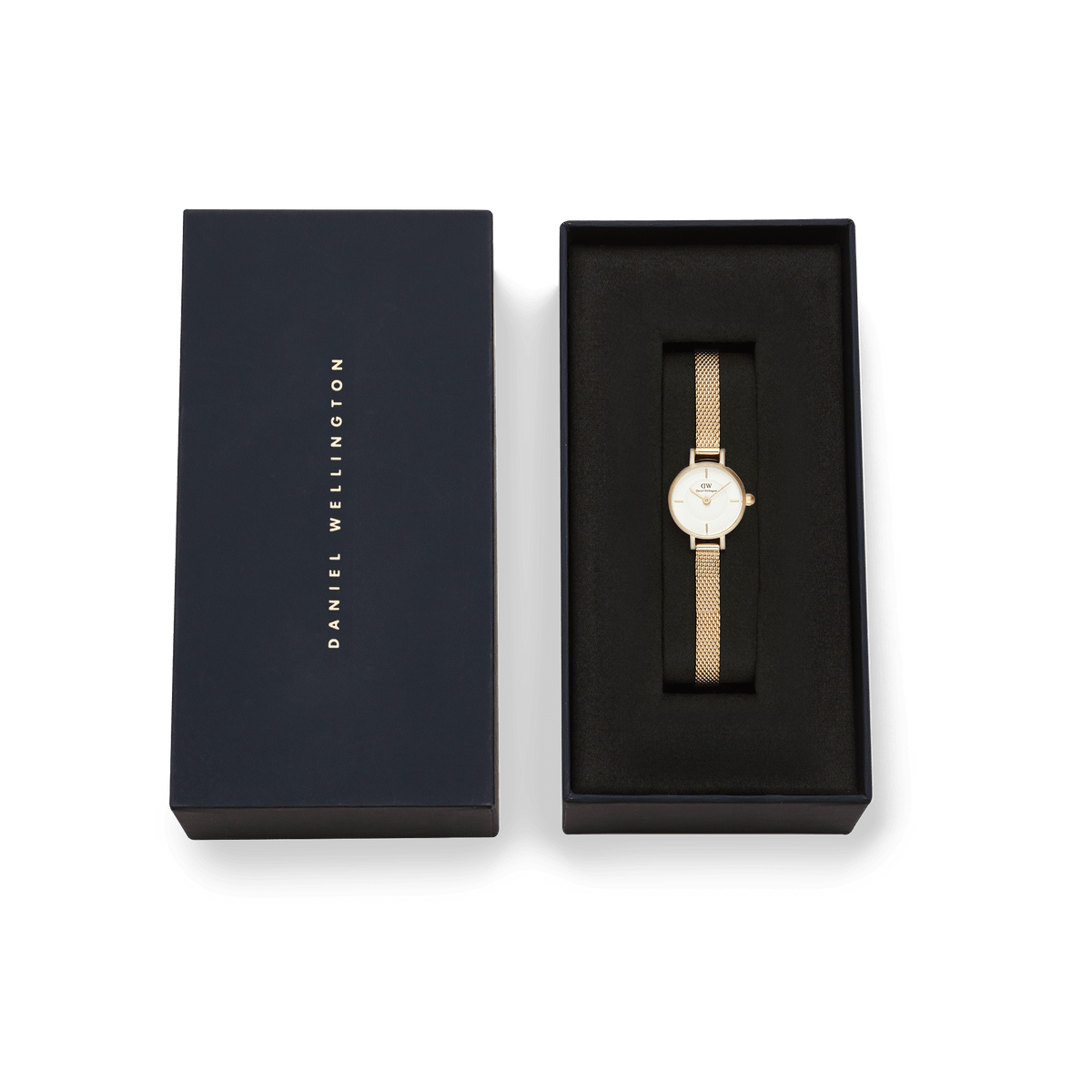 Petite Mini Evergold women’s gold mesh watch with white dial, presented in a navy Daniel Wellington gift box.