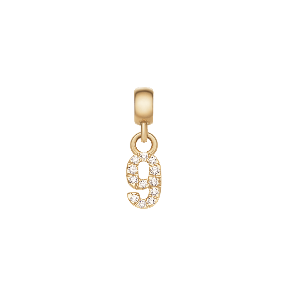 Gold number 9 charm adorned with cubic zirconia crystals, designed for customising necklaces, bracelets, or earrings.