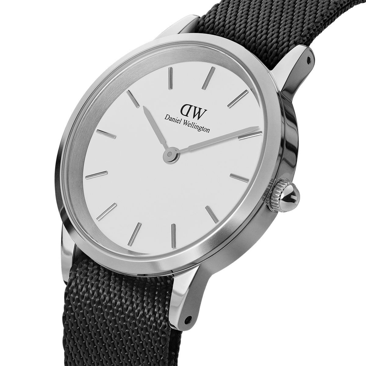 Modern classic watch with an eggshell white dial, polished silver case, and a textured black NATO strap made from recycled nylon.
