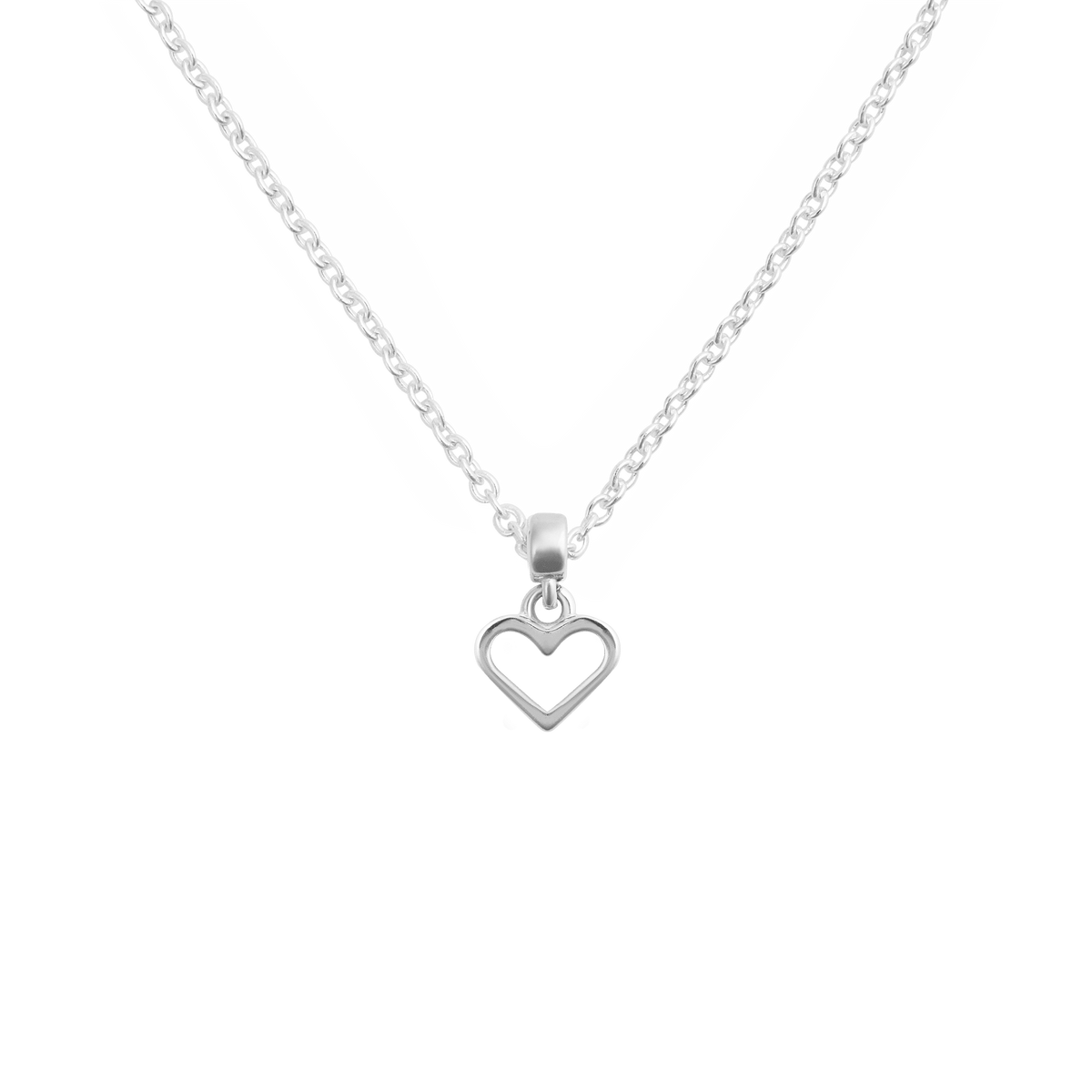 Charm Heart necklace featuring a minimalist sterling silver open heart pendant on a delicate silver chain.