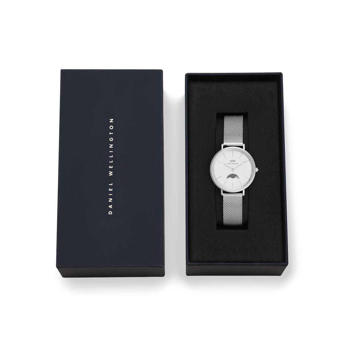 Petite Lune Sterling moon phase watch with a silver mesh strap presented in an elegant Daniel Wellington gift box.