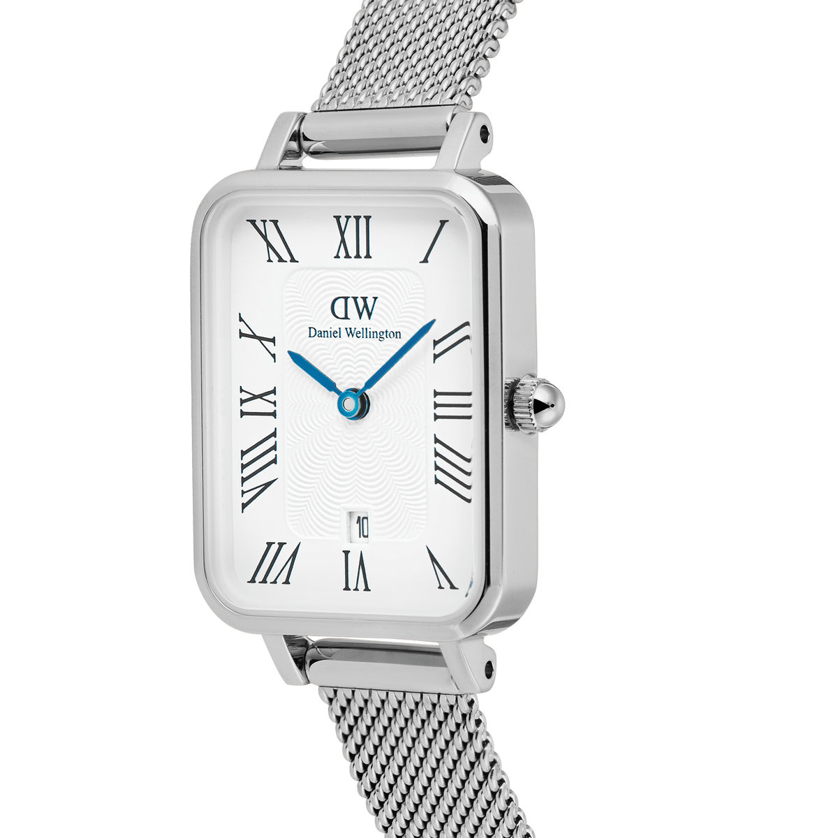 Close-up of the Quadro Sterling Roman Numerals Date watch showing its rectangular stainless steel case, white guilloché dial with Roman numerals, blue hands, and a silver mesh strap.