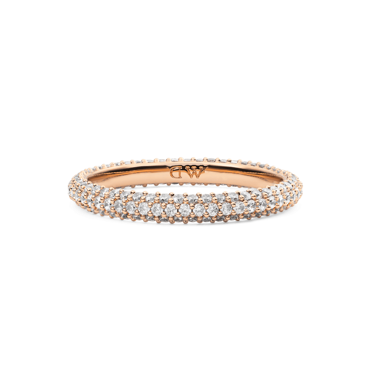 Elegant rose gold pavé ring with a 3 mm band, featuring three rows of white cubic zirconia crystals and a discreet