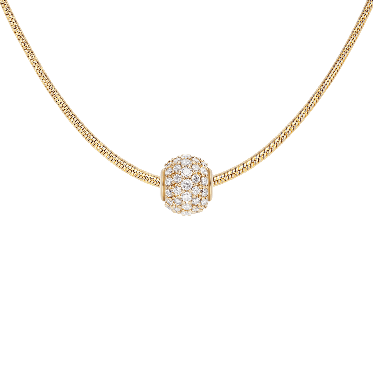 Gold snake chain necklace featuring a spherical pavé charm set with white cubic zirconia crystals, offering a refined and elegant accent for everyday wear.