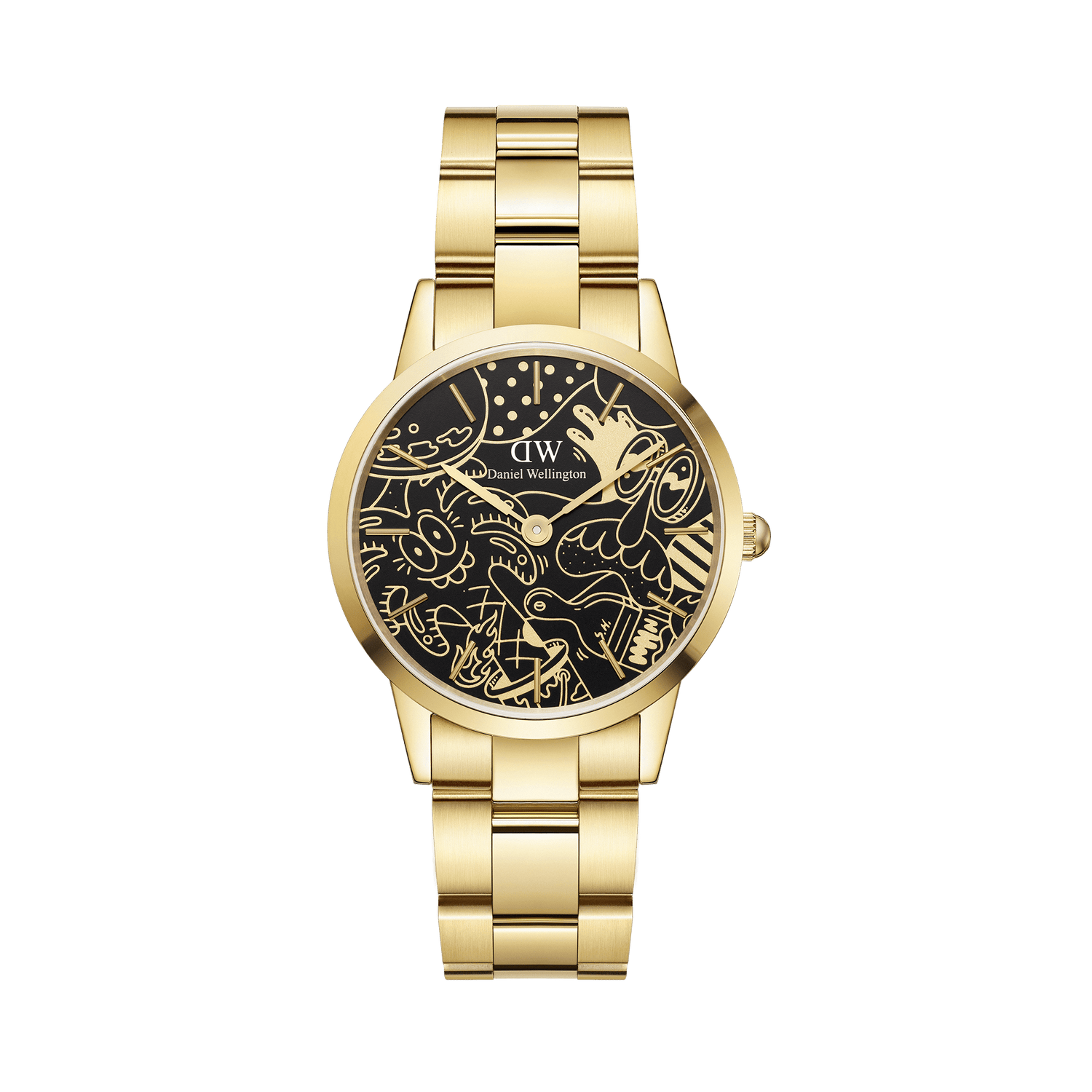 Gold stainless steel watch with a polished link strap and a black dial featuring Steven Harrington’s playful illustrations, blending artistic flair with classic Daniel Wellington design.