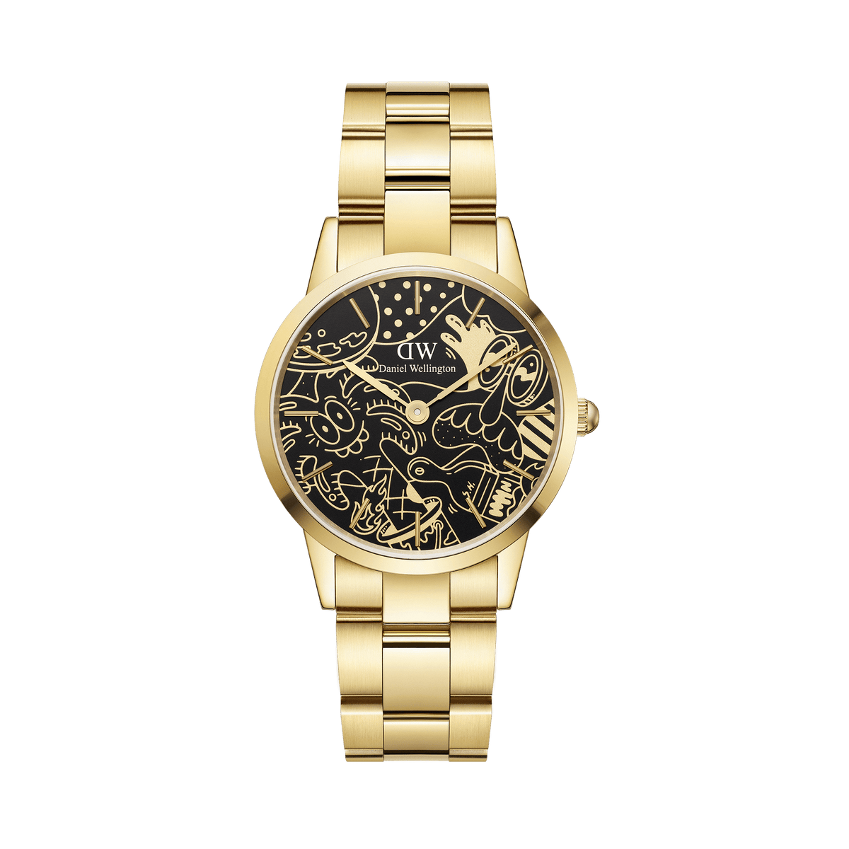Limited edition Daniel Wellington gold link watch featuring a black dial with Steven Harrington’s playful illustrations, combining artistic detail with a polished, contemporary design.
