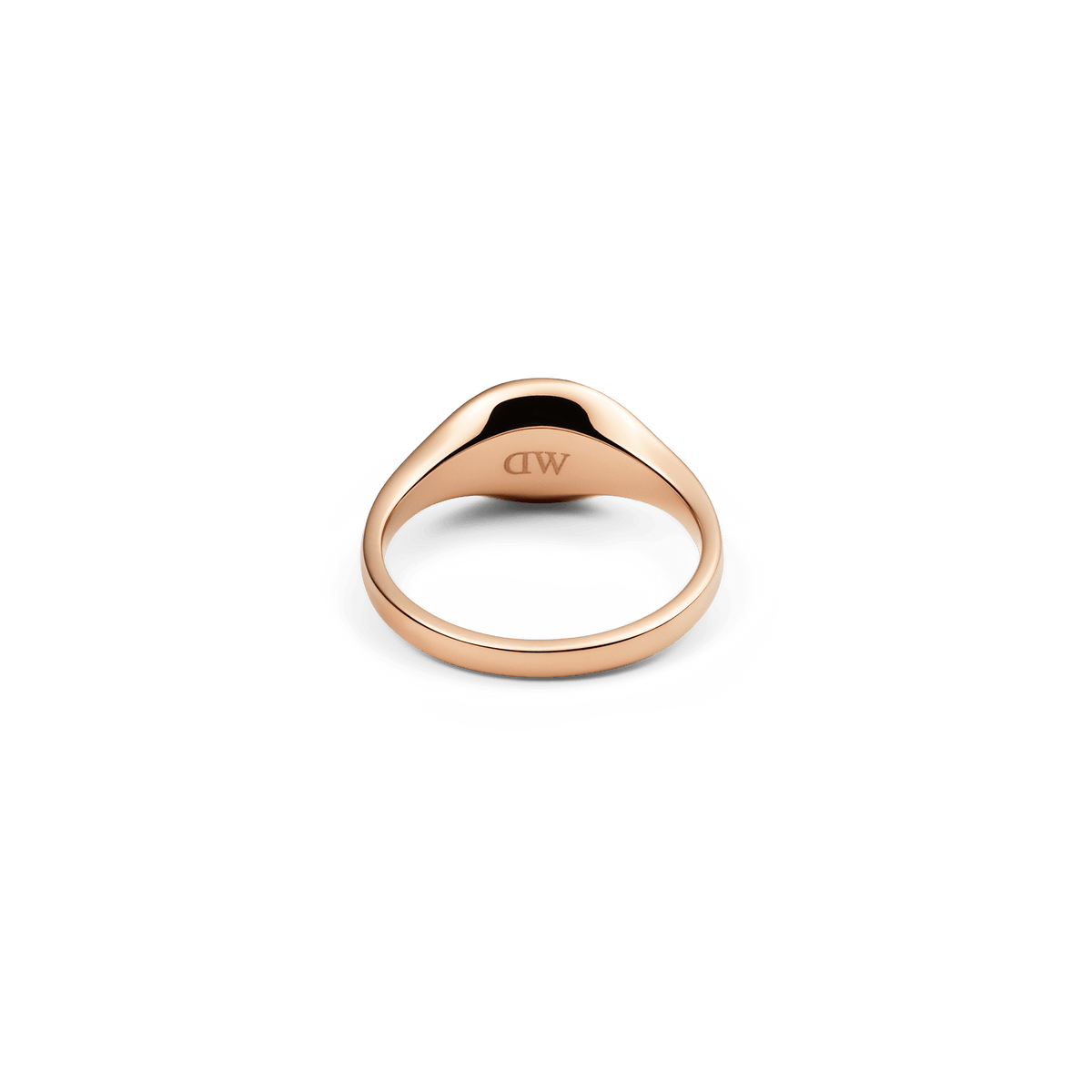 Classic Mini Signet Ring Rose Gold shown from the inside, highlighting the engraved DW logo on the polished rose gold-plated stainless steel band.