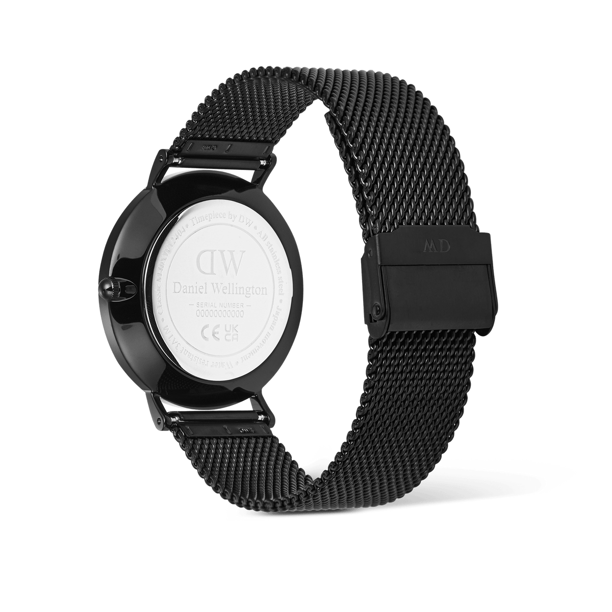 Rear view of the Daniel Wellington Classic Day Display Onyx watch, showing the engraved stainless steel case back and the adjustable black mesh strap with a secure clasp.
