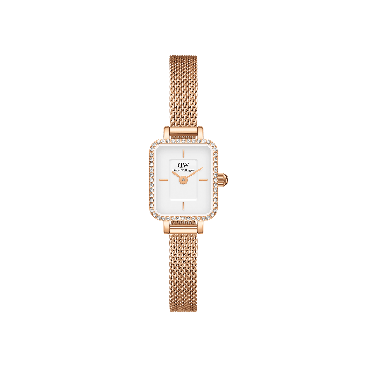 Rectangular rose gold watch with a mesh strap, white dial, minimalist markers, and a bezel set with sparkling crystals.