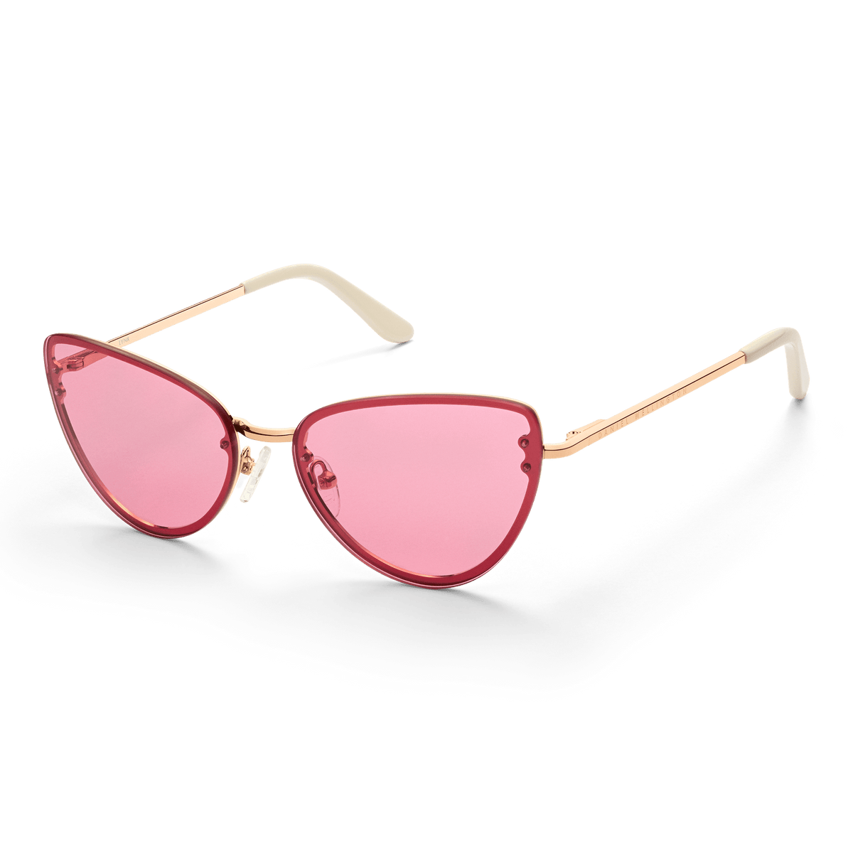 Rose gold cat eye sunglasses with pink gradient lenses, featuring slim stainless steel arms and ivory acetate temple tips for a refined, modern look.
