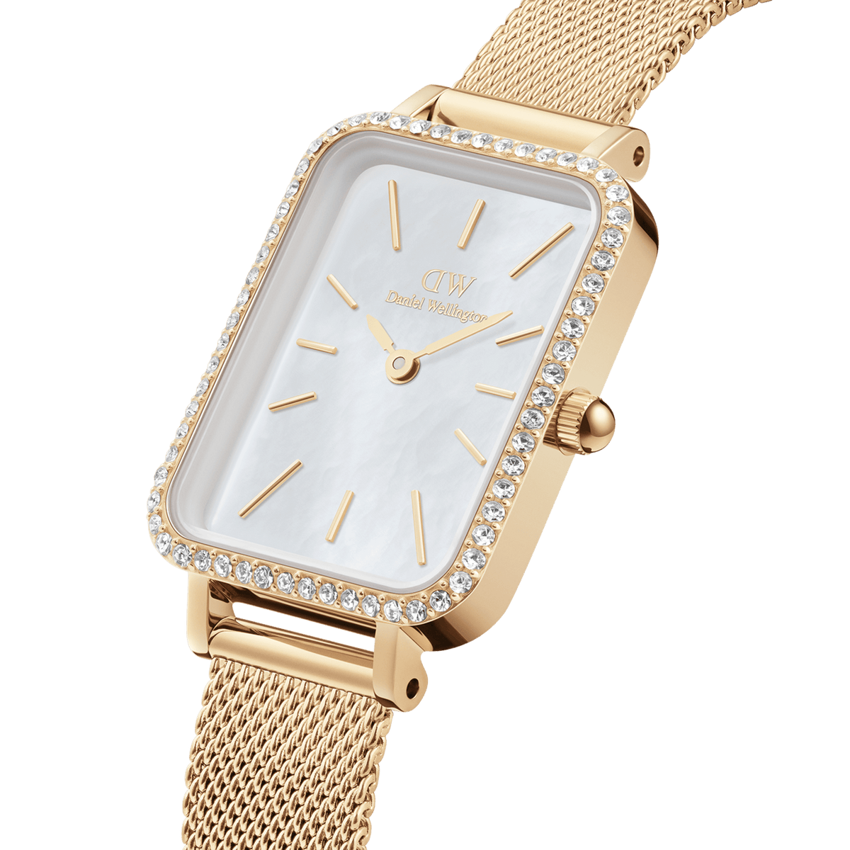 Quadro Lumine Bezel Evergold MOP watch featuring a rectangular gold case with a mother-of-pearl dial, crystal-set bezel, and a gold mesh strap.