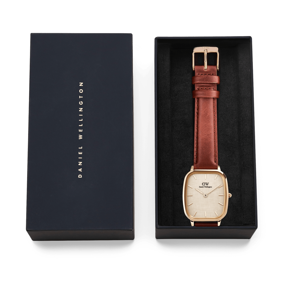 Marlon St Mawes Linen Rose Gold watch with brown leather strap in Daniel Wellington gift box, perfect for gifting.