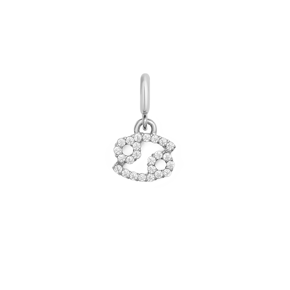 Cancer zodiac watch charm in polished silver stainless steel, featuring the Cancer symbol set with sparkling cubic zirconia crystals in a refined claw setting.