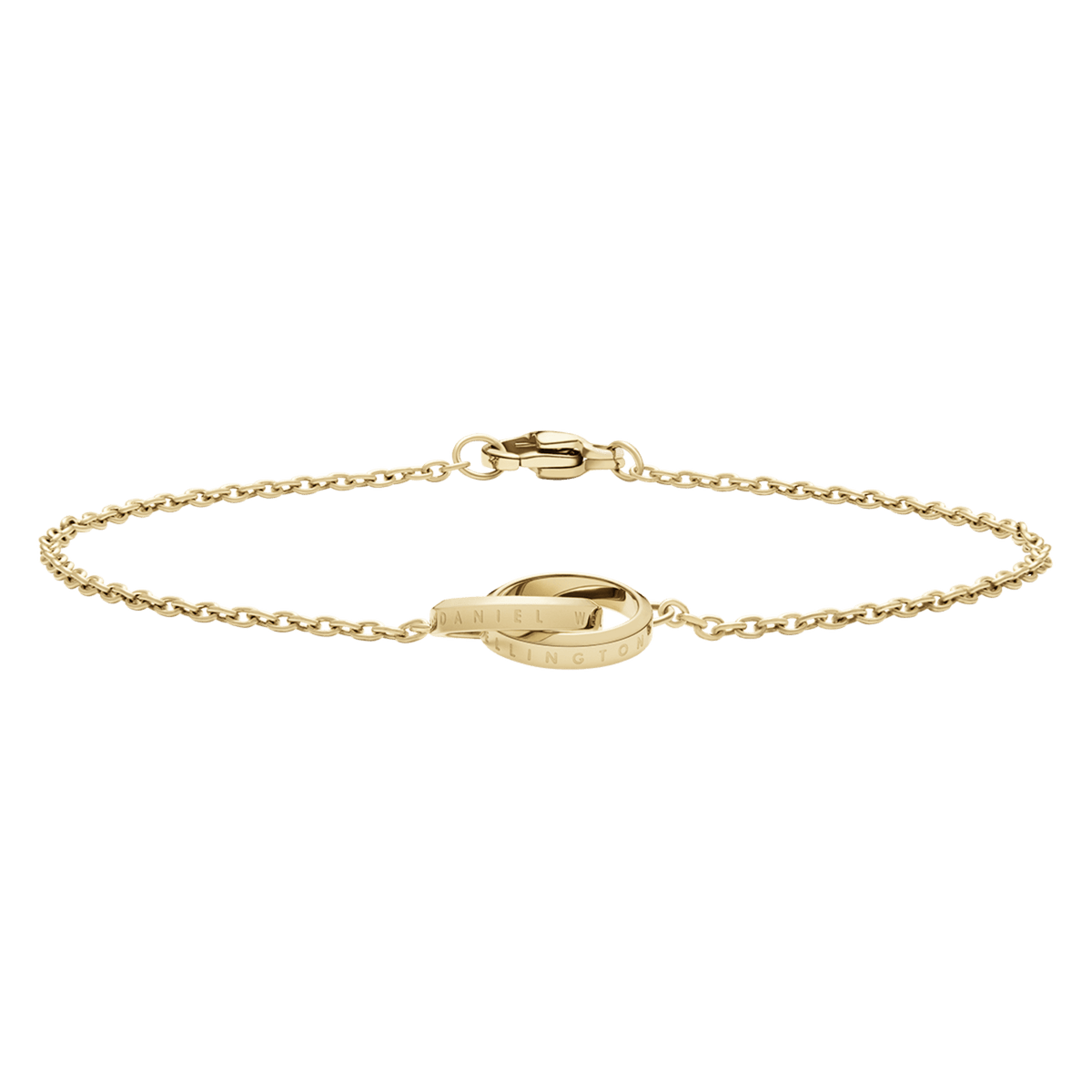 Gold Elan Unity Bracelet featuring two interlocking rings on a delicate adjustable chain with a minimalist, elegant design.