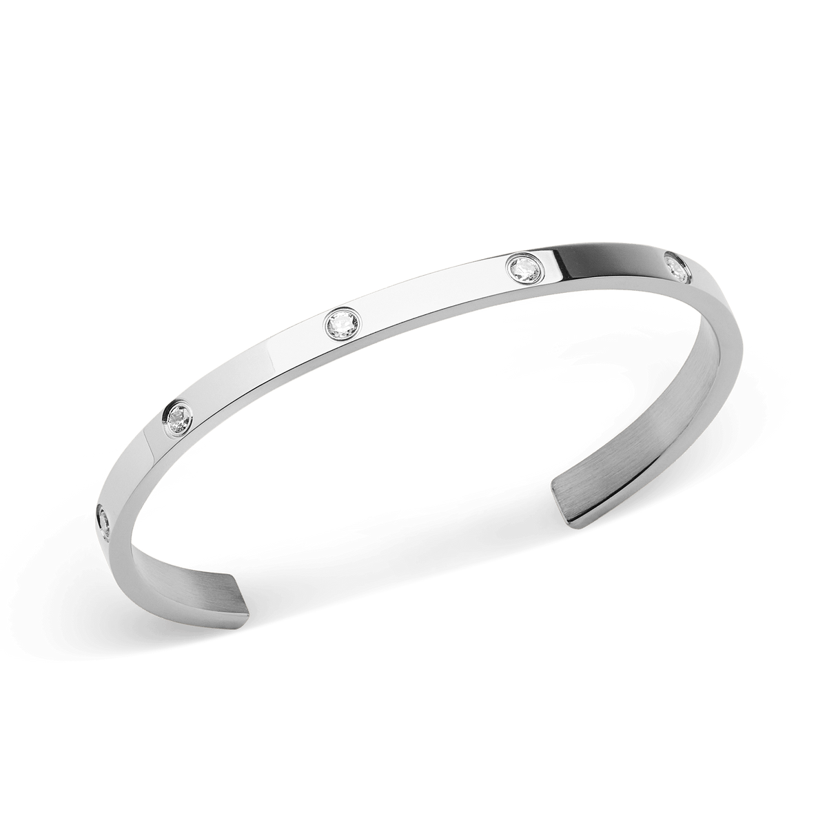 Classic Lumine Bracelet Silver 5.5mm featuring a sleek open cuff design in polished stainless steel, adorned with eight sparkling cubic zirconia crystals for a refined, modern finish.