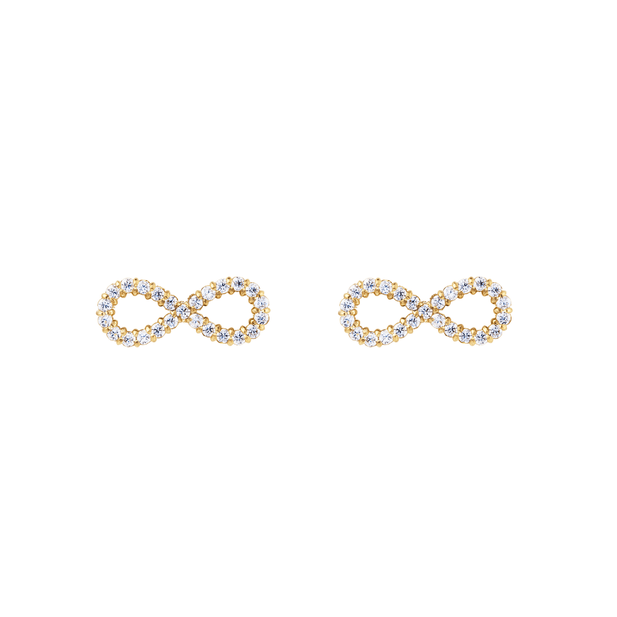 Pair of gold infinity stud earrings featuring a delicate loop design, each set with sparkling white cubic zirconia crystals for a refined, minimalist look.