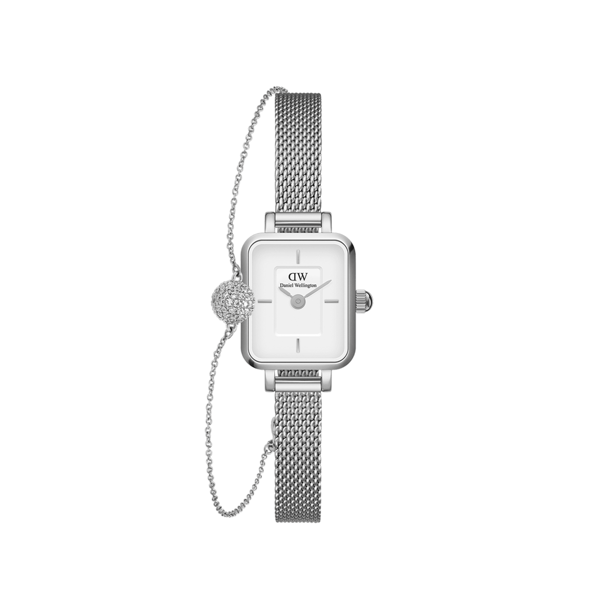 Silver Daniel Wellington Quadro Mini watch with a rectangular white dial and a slender mesh strap, paired with a pavé crystal pendant bracelet for an elegant, coordinated look.