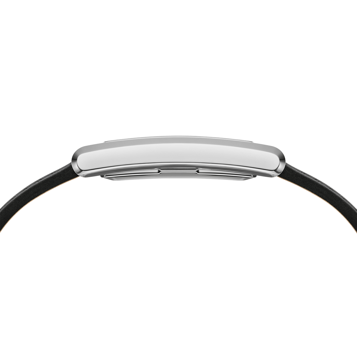 Slim side profile of Bound Black Crocodile Silver watch with polished rectangular stainless steel case and black leather strap.