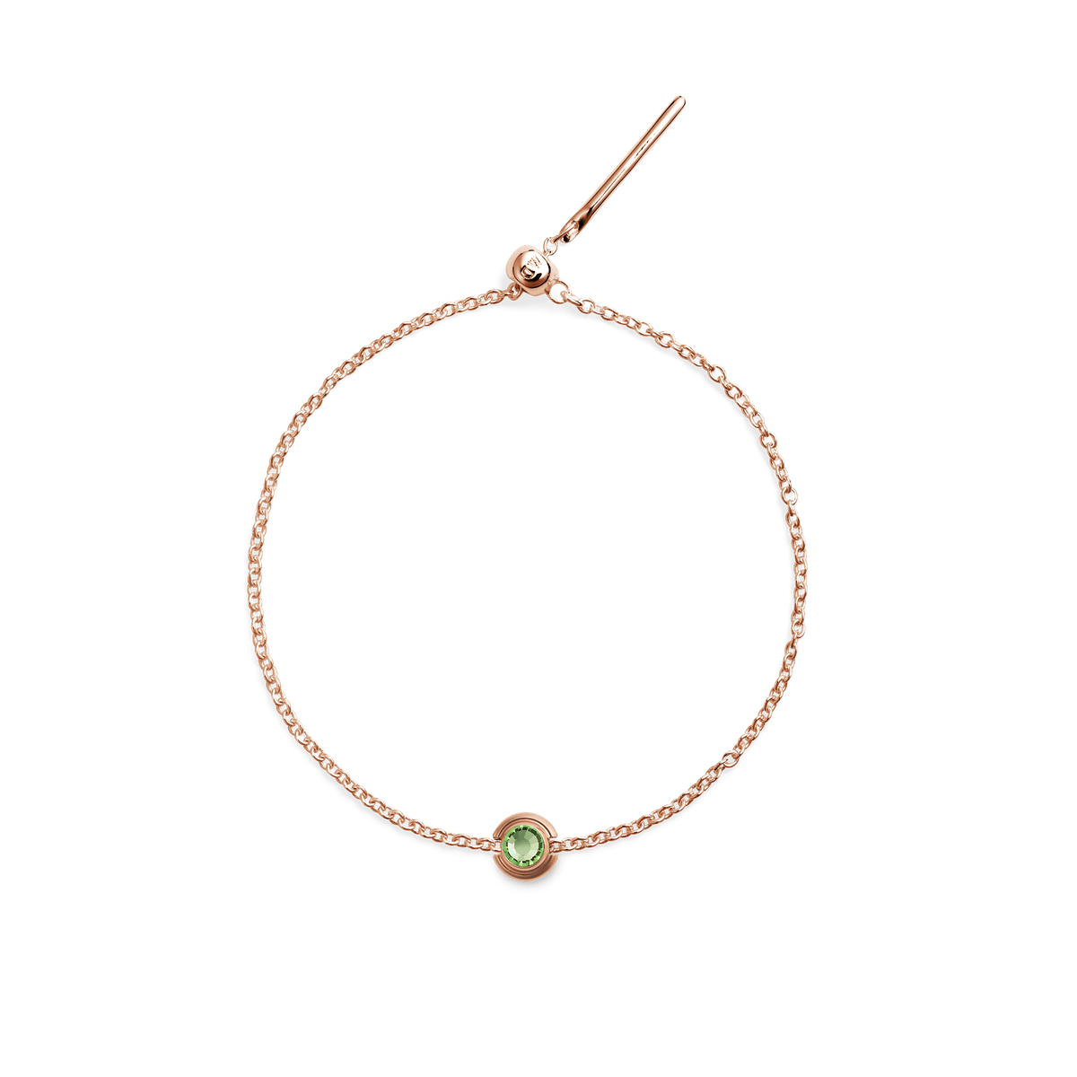 Rose gold bracelet featuring a delicate chain and a central charm set with a light green crystal, inspired by birthstone jewellery.