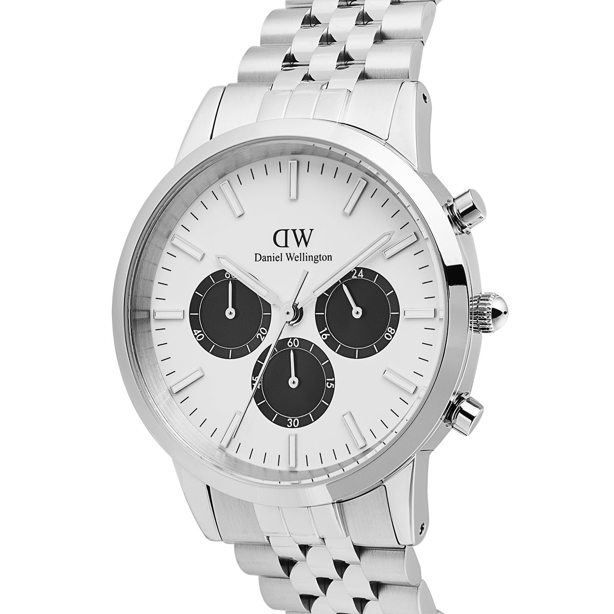 Close-up of the Daniel Wellington Iconic Chronograph Arch 5-Link Off-White Panda Silver watch, showing its white enamel dial, black sub-dials, luminous markers, and polished stainless steel bracelet.