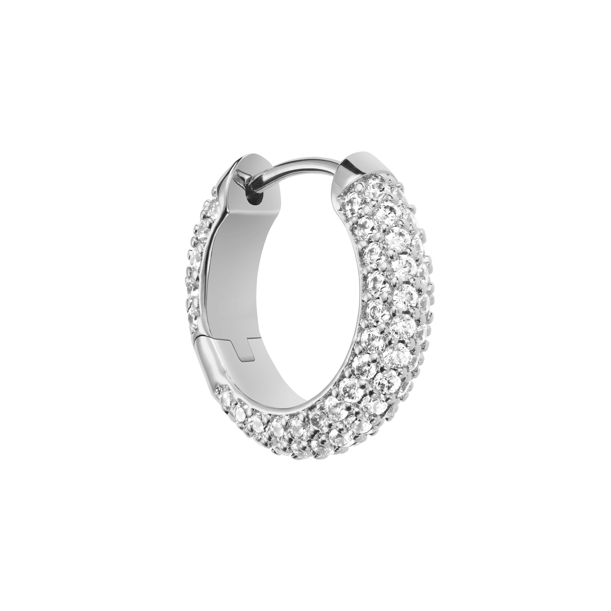 A single silver pavé crystal hoop earring with a rounded profile, fully set with sparkling cubic zirconia and finished with a secure hinge closure.