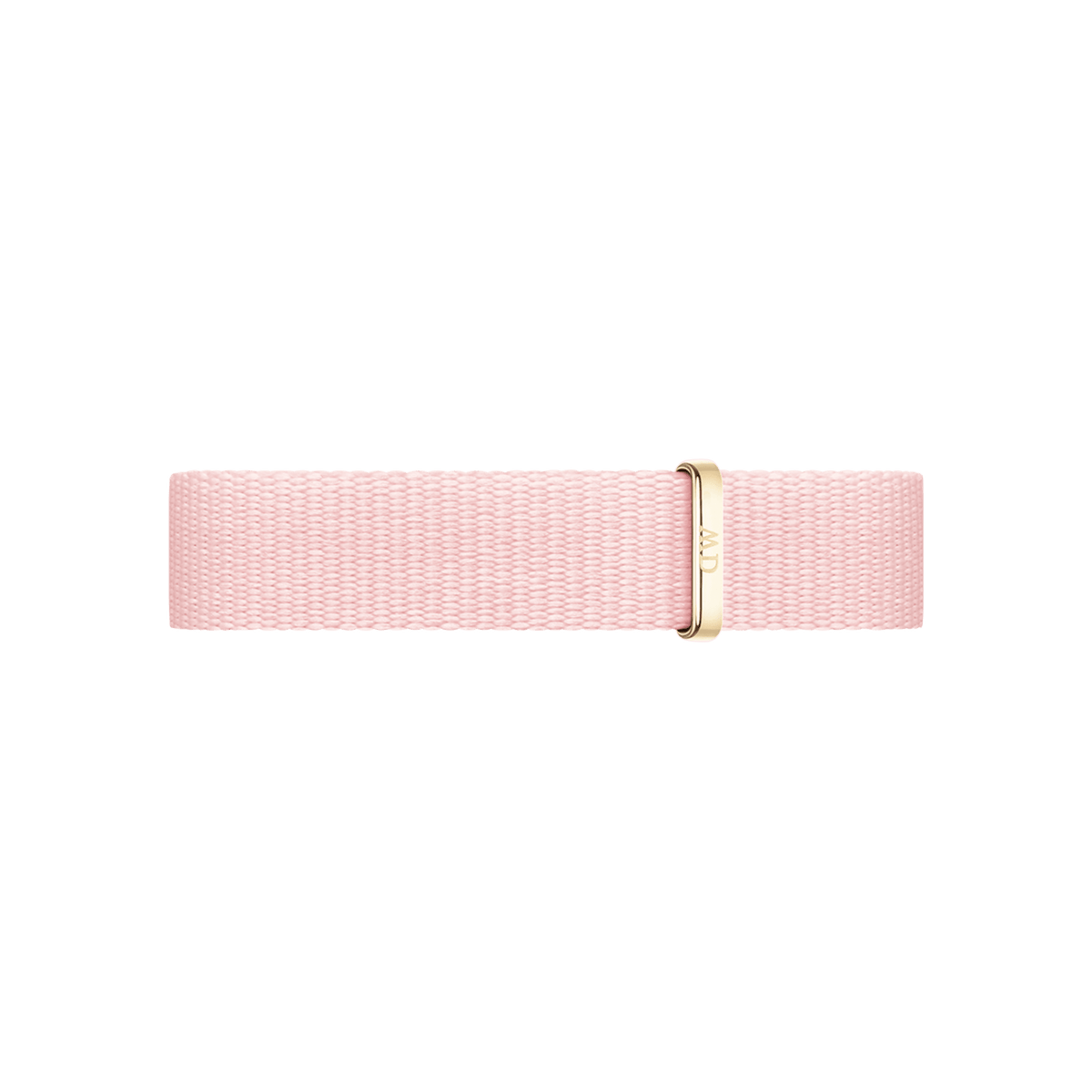 Rosewater Strap Gold in pastel pink recycled polyester, featuring a slim gold buckle with engraved branding, designed for Daniel Wellington watches.