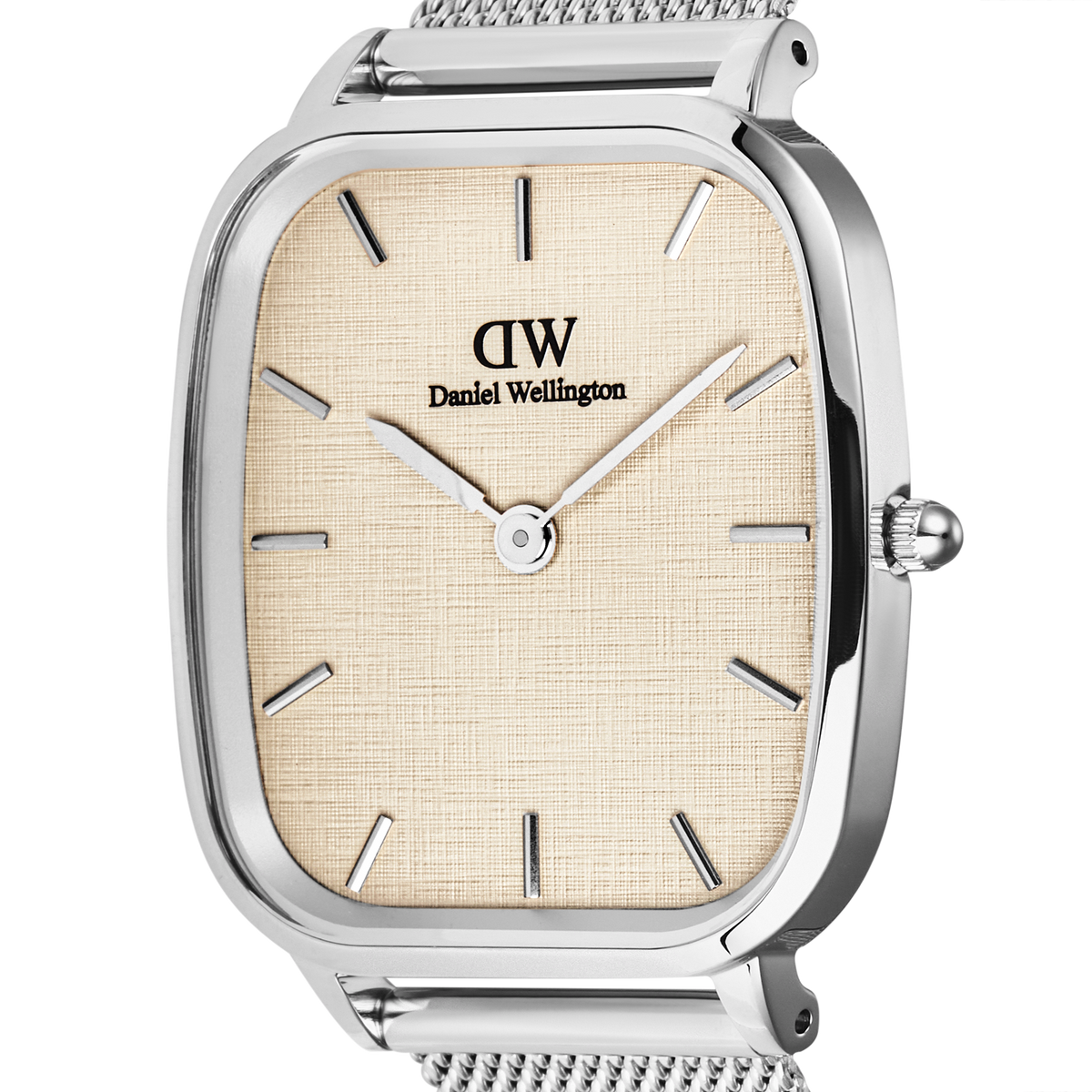 Close-up of the Daniel Wellington Marlon Sterling Linen watch, highlighting the linen-textured beige dial, minimalist silver hour markers, and polished cushion-shaped stainless steel case.