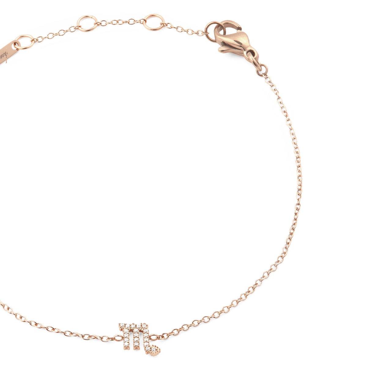 Crystal Zodiac Chain Bracelet Rose Gold featuring a delicate adjustable chain and a sparkling Scorpio zodiac pendant with hand-set crystals.
