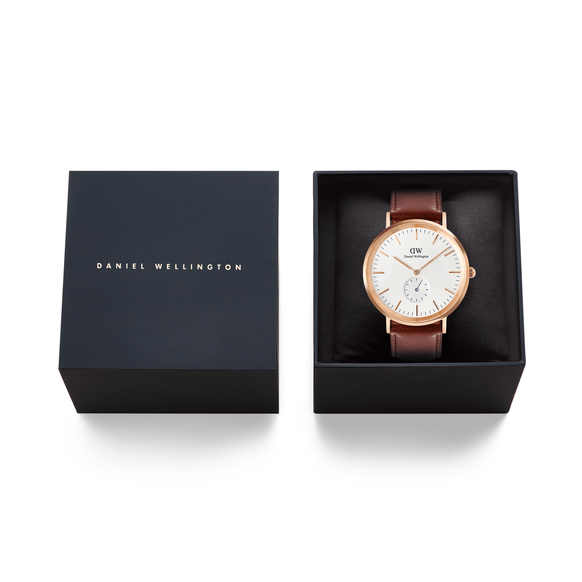 Classic Multi-Eye St Mawes Off-white Sunray Rose Gold watch with a brown leather strap, presented in an elegant black Daniel Wellington gift box.