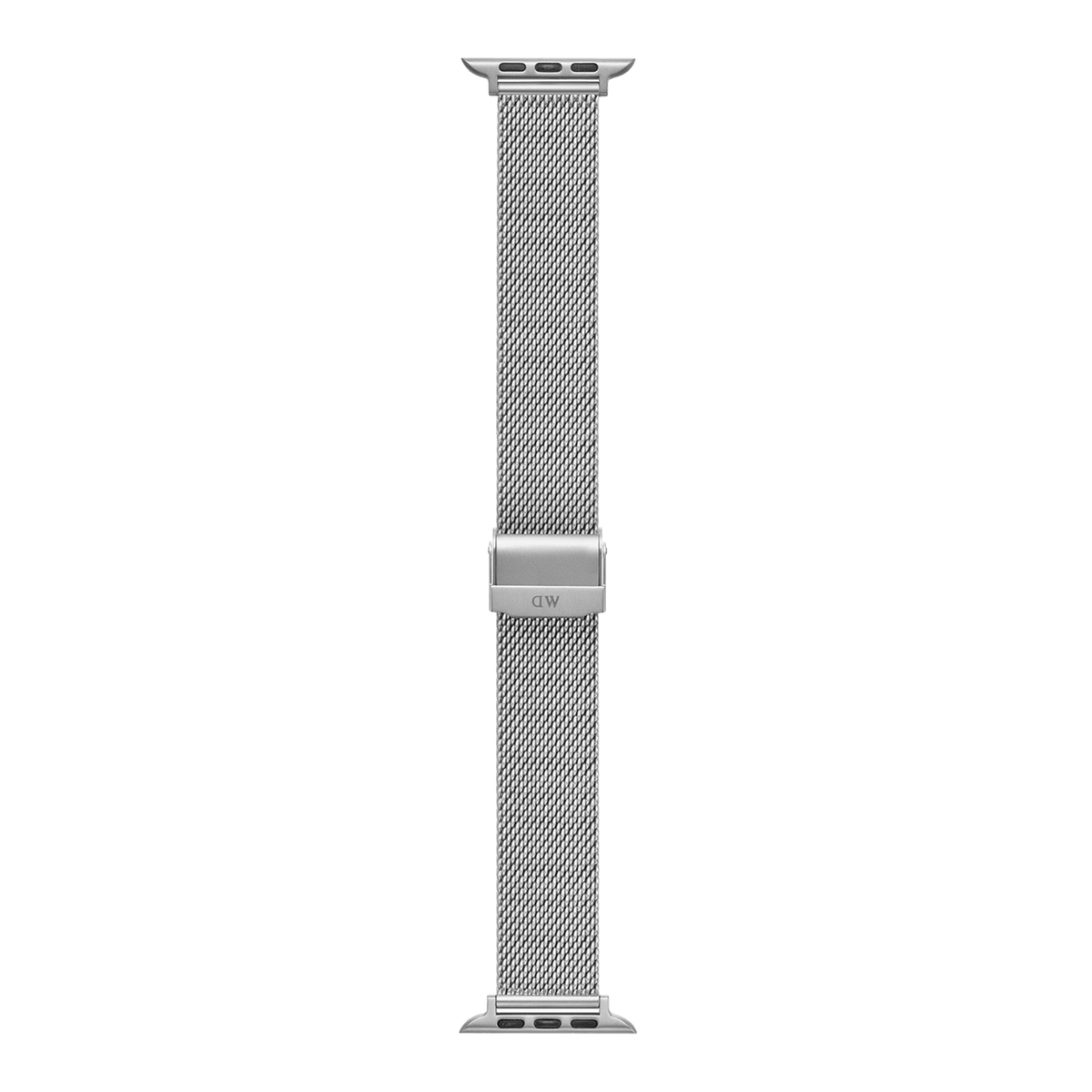 Silver sandblasted mesh smartwatch strap with an adjustable DW clasp and Apple Watch connectors, designed for a secure and comfortable fit.