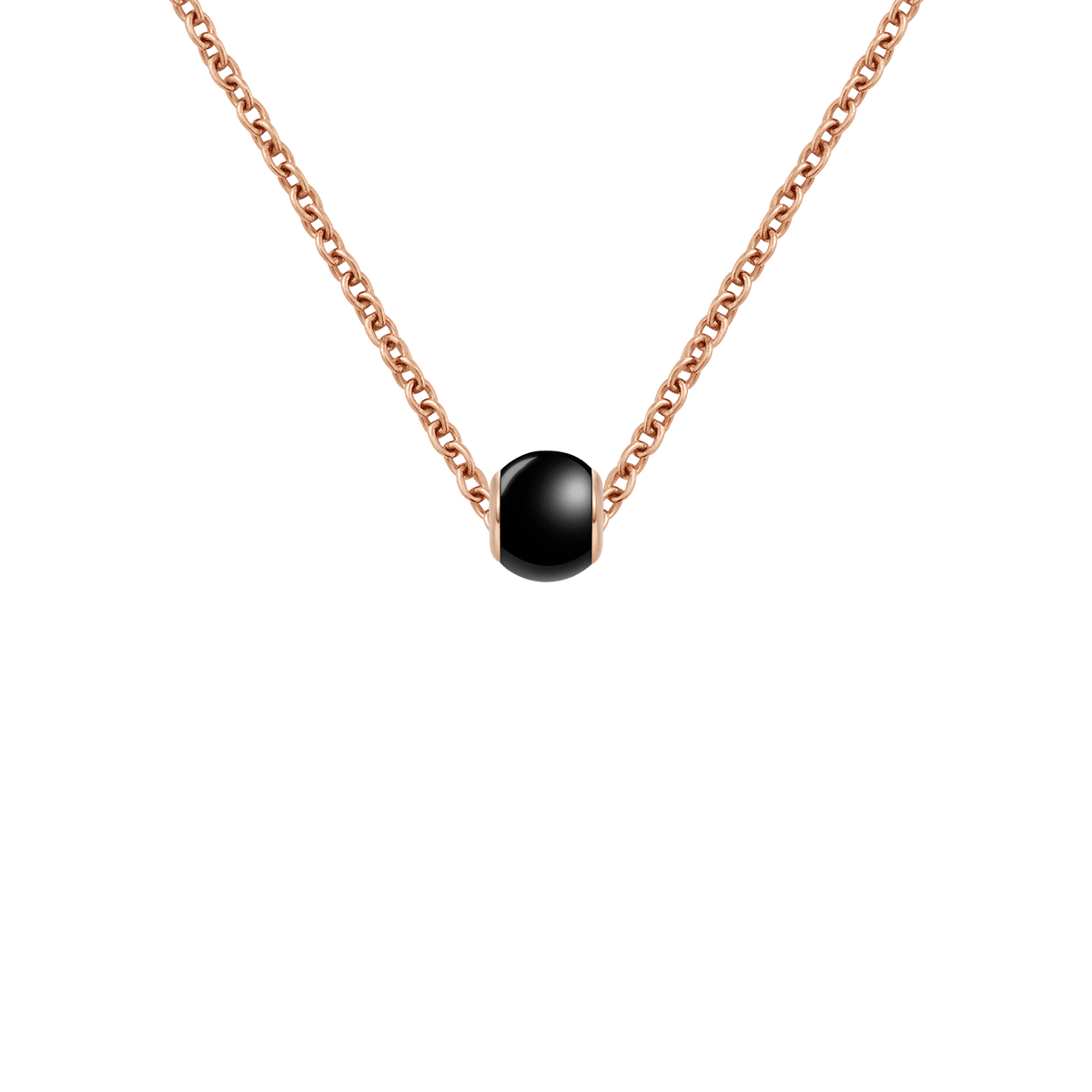 Rose gold chain necklace featuring a smooth black ceramic orb charm with polished rose gold plated edges, offering a modern and elegant look.