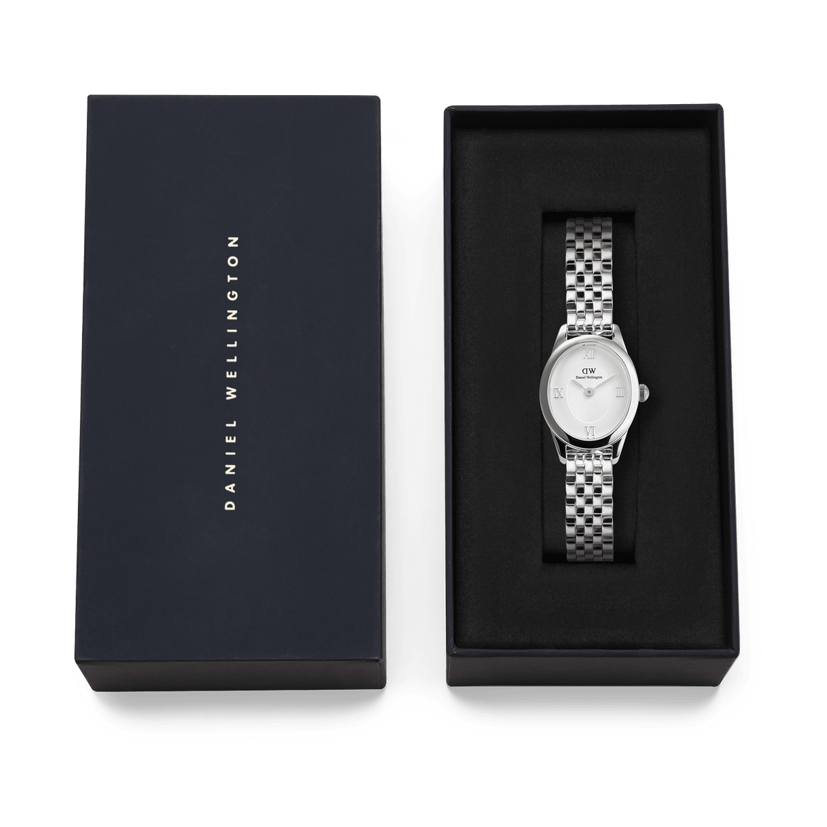 Ophelia Mini Silver women’s watch with oval case and 5-link bracelet, presented in a navy Daniel Wellington gift box.