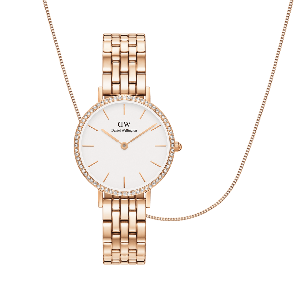 Rose gold Petite Lumine Bezel watch with a five-link bracelet and crystal-set bezel, paired with a matching rose gold box chain necklace.