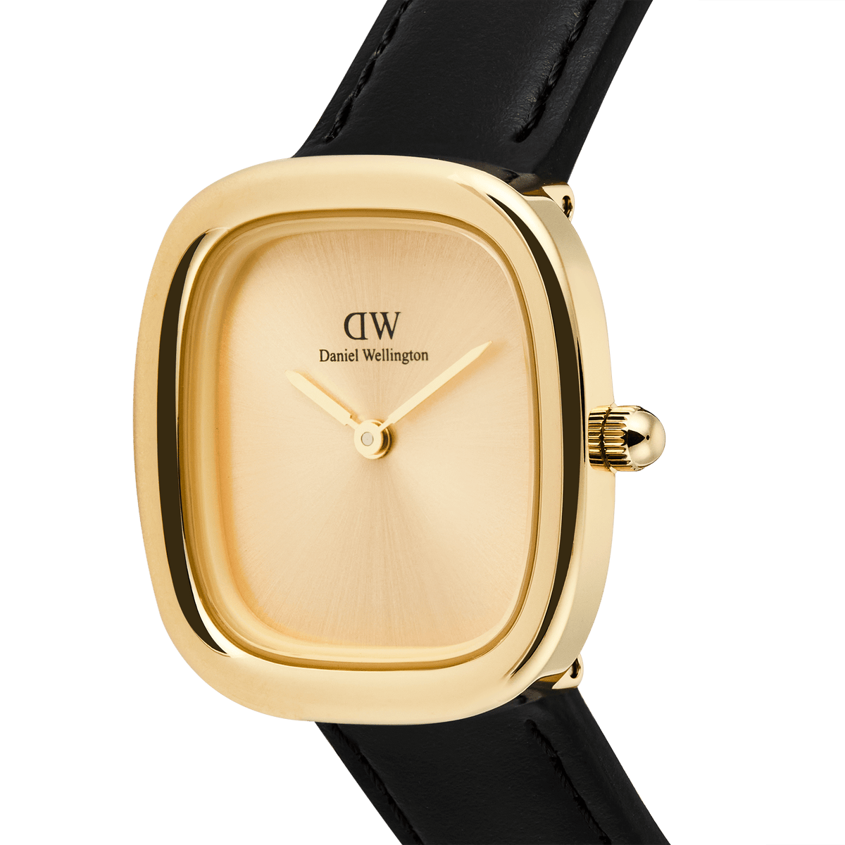 Close-up of the Margot Sheffield Unitone Sunray Gold women’s watch, showcasing its square gold-plated case, minimalist sunray dial without indices, and smooth black leather strap.