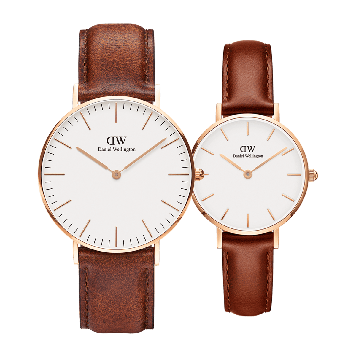 Two Daniel Wellington Classic & Petite St Mawes Rose Gold watches with minimalist white dials, slim rose gold markers, and genuine brown leather straps, displayed side by side to highlight the difference in case sizes.