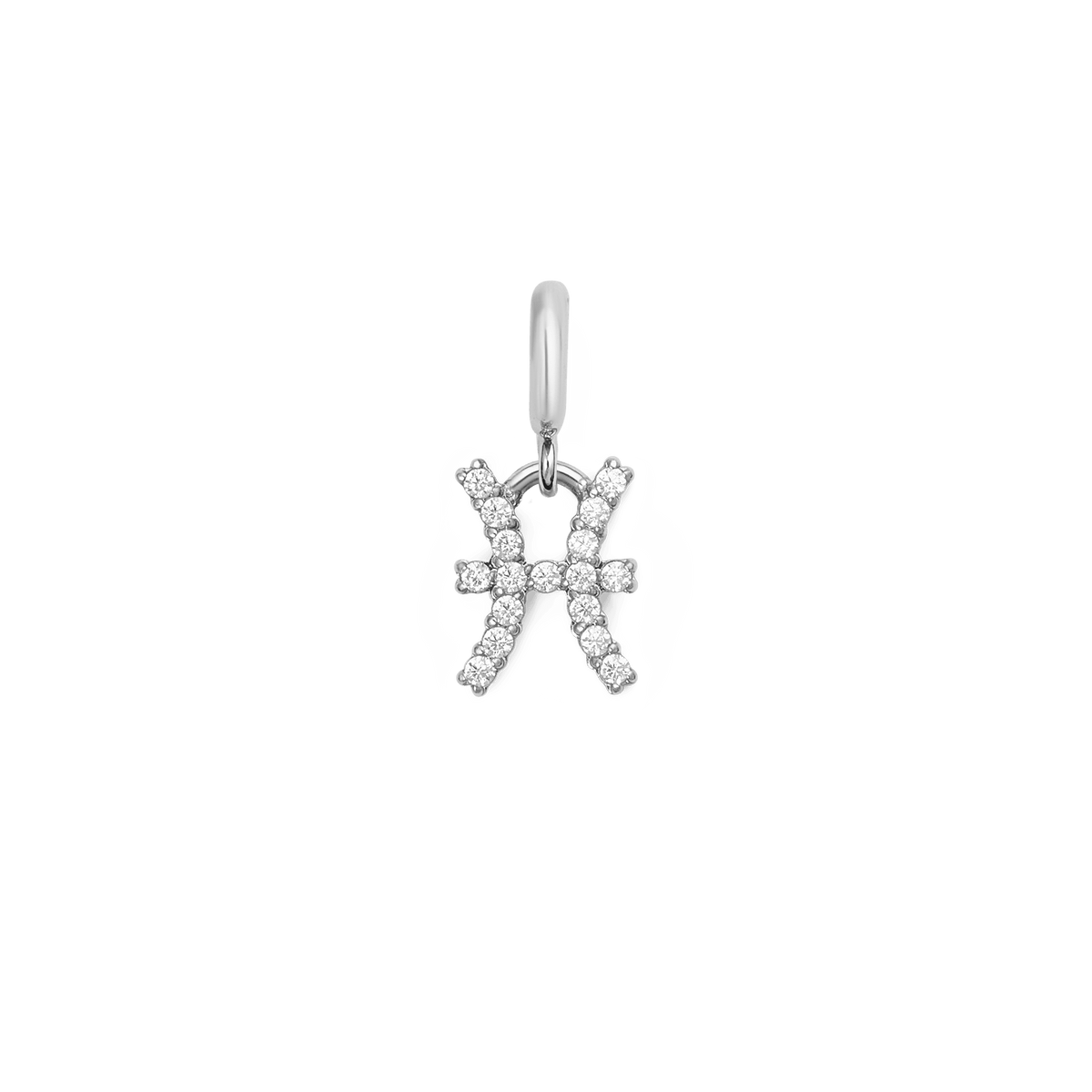 Silver Pisces zodiac watch charm featuring polished stainless steel and sparkling cubic zirconia crystals, designed in a delicate claw setting for a refined, elegant finish.