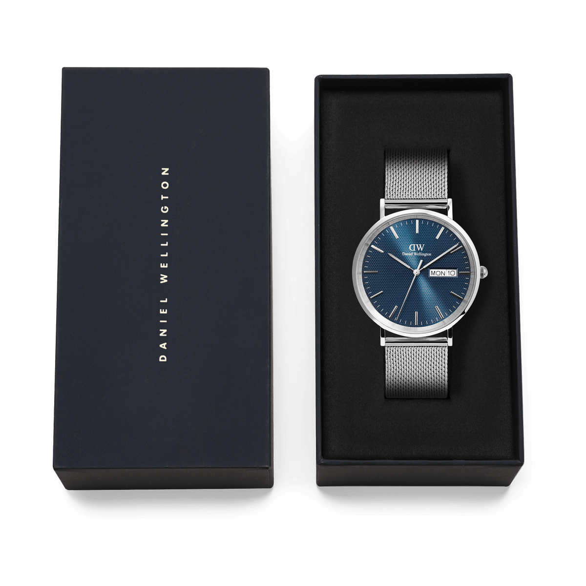 Daniel Wellington Classic Day Display Sterling Arctic watch with a blue dial and silver mesh strap, presented in an elegant branded gift box.