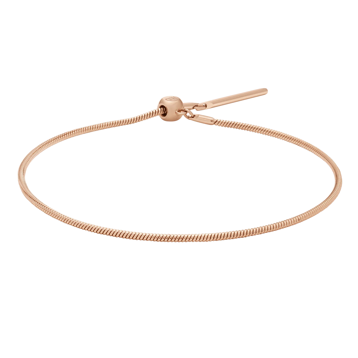 Slender rose gold snake chain bracelet with an adjustable sliding clasp, crafted from stainless steel and finished with a polished, minimalist design ideal for layering or wearing alone.