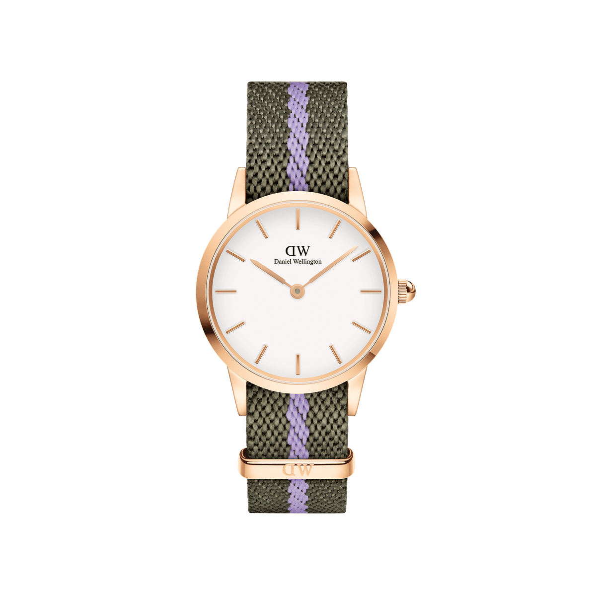 Unisex Daniel Wellington watch featuring a 28mm rose gold case, eggshell white dial, and a green NATO strap with a purple stripe, crafted from recycled nylon.