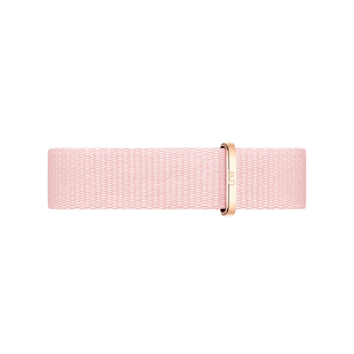 Delicate pink Daniel Wellington NATO watch strap crafted from recycled polyester, featuring a soft woven finish and a polished rose gold buckle for a sophisticated, modern style.
