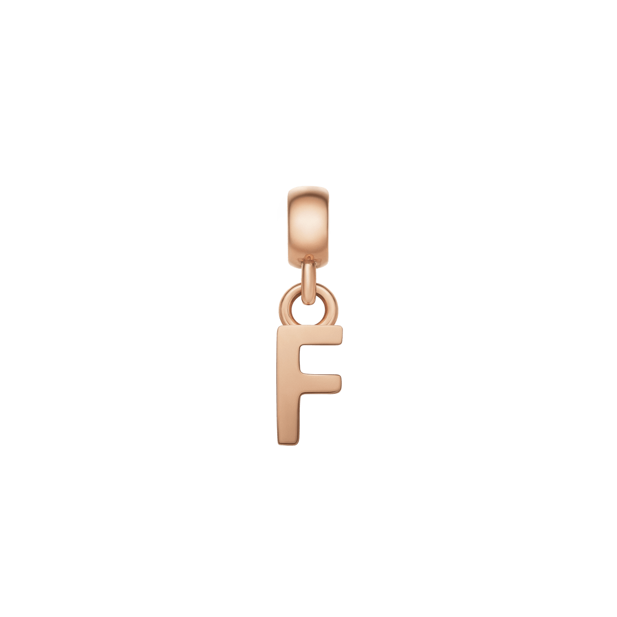 Rose gold letter F charm with a sleek, minimalist design and polished finish, crafted from stainless steel and fitted with an anti-slip silicone lining for secure placement on bracelets or necklaces.